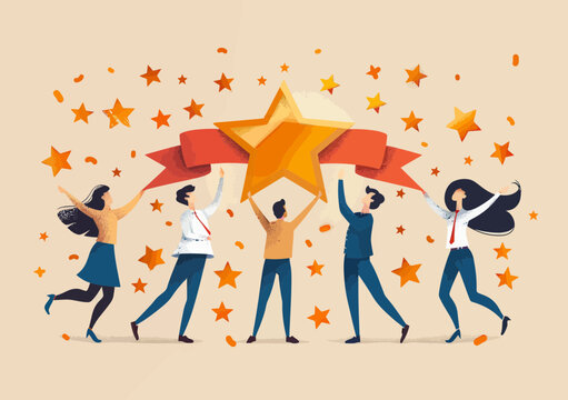 Diverse corporate team celebrates achievement of high-quality service standards, teamwork rewarded, staff's high performance recognized with quality badge