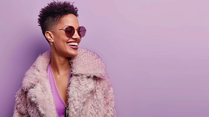 A beautiful woman with short hair and sunglasses smiles happily as she dances on a purple background. She wears a stylish fur coat and carries a small purse, posing for a photo shoot in a studio.