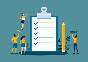 Diverse young business team accomplishing tasks on clipboard checklist - minimalist vector illustration of project planning, completion status report