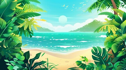 Fototapeta na wymiar Vibrant tropical beach illustration with lush green foliage, turquoise water, and soaring seagulls.