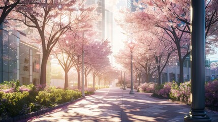 Obraz premium A beautiful street with cherry blossom trees in full bloom