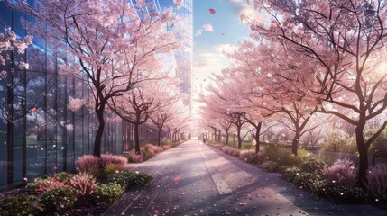 Fototapeta premium A beautiful street with cherry blossom trees in full bloom