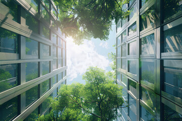 Architecture, sustainability and environment with buildings in city for carbon footprint, eco friendly, green plants.