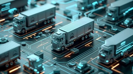 Futuristic depiction of autonomous semi trucks on a high-tech, circuit board style city map.
