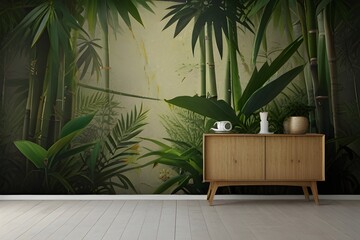 tropical plants with bamboo leaves on a textured rubbed background by kayami photo wallpaper in the interior Generative AI 