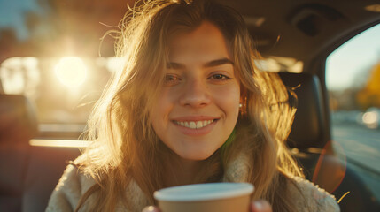 happy smile young female drink coffee from paper cup in morning inside a car during drive automobile vehicle to work with beautiful life style and enjoy morning light