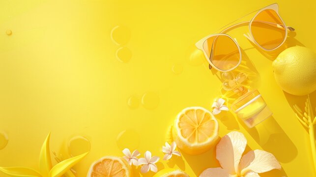 Vibrant summer-themed image with sunglasses, fresh lemons, and tropical flowers on a yellow background.