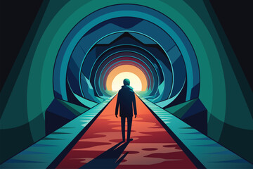 Solitary figure standing at the end of a vibrant tunnel, vector cartoon illustration.