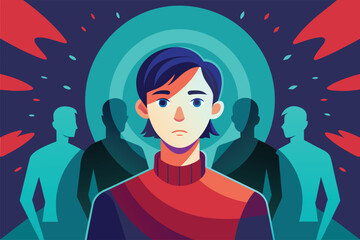 Individual feeling disconnected amidst a crowd, vector cartoon illustration.