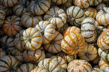 An assortment of orange and white gourds and pumpkins assembled in a stack at a Fall Harvest...