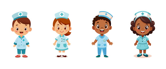 Cartoon child doctors and nurses in uniform, vector illustration.