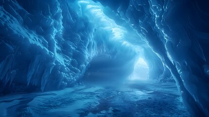 An undiscovered ice cave with stunning blue formations, stark against a minimalist background. 