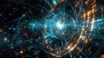 Fototapeta premium High tech server visualization, displaying particle data streams, circular computing interfaces, and virtual reality environments