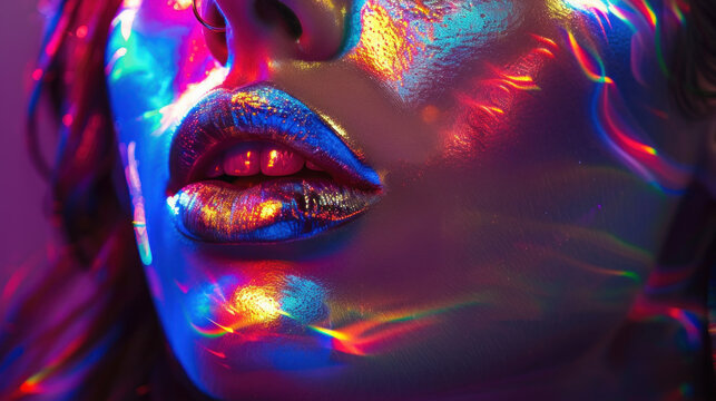 A woman with silver lips and face paint poses in colorful neon lights. Her makeup glows and shimmers, creating a vibrant and eye-catching look.