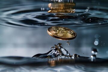 A Bitcoin coin seemingly hovering above water just as a droplet impacts the surface, symbolizing the precise moment of transaction or market entry in the volatile world of cryptocurrency