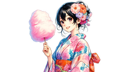 ピンクの綿あめを持つ浴衣の女性