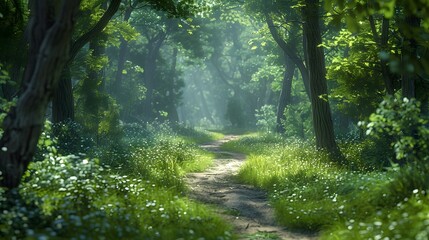 A secluded path in an ancient forest, the greenery vibrant and focused against a clear sky.