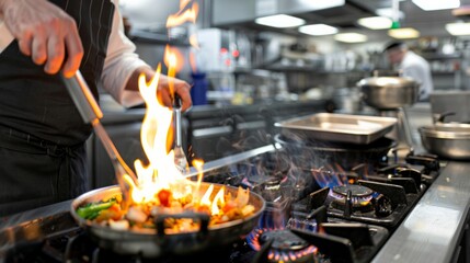 Photograph of a chef preparing a dish at a gas stove in a restaurant kitchen.