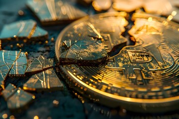 Broken pieces of a golden Bitcoin coin, symbolizing the fragile and volatile nature of cryptocurrency and the potential for financial loss and broken expectations in digital currency investments