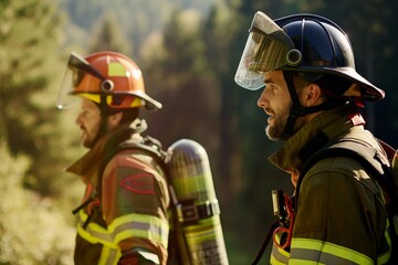 Two firefighters discussing amid forest