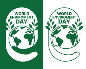 World Enviroment day - Text in long curved frame with hand hold circle globe world and leaf plant white and green banner style vector design