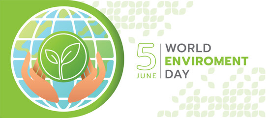 World environment day - Hands holding white line plant sign in circle banner on green background and leaf shape texture vector design