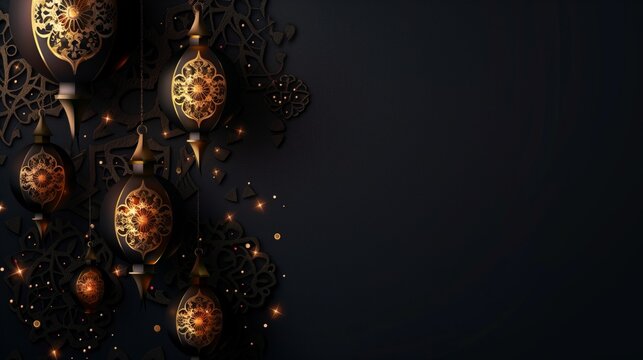Elegant dark background featuring ornate golden lanterns and intricate arabesque patterns, ideal for festive occasions.