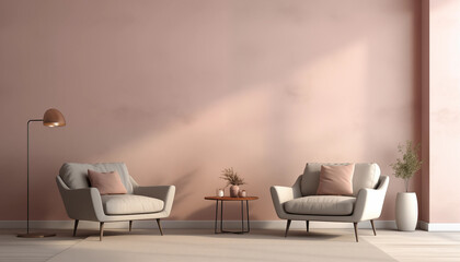 Two armchairs and a table with a vase of flowers in front of a blank pink wall