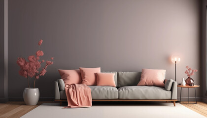 Elegant living room interior with stylish gray sofa pink pillows and accessories pink flower in vase and modern floor lamp