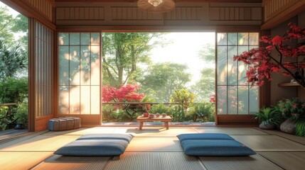 3d rendering of japanese style room with natural view.
