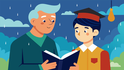 An old veteran and a young student become unlikely friends sharing stories of their different perspectives and life experiences while staying dry from. Vector illustration