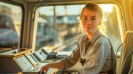 Woman Sitting in Control Room of Train