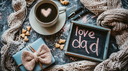 Father’s Day Concept with Coffee Cup, Wooden Box, and Bow Tie