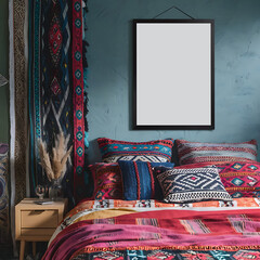 mockup poster with a bohemian chic bedroom with eclectic decor and vibrant colors.