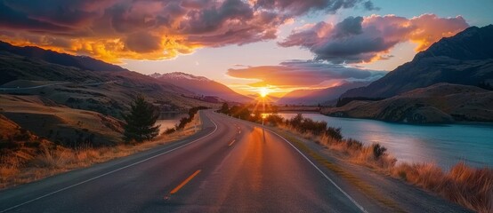 road mountains landscape at Sunrise