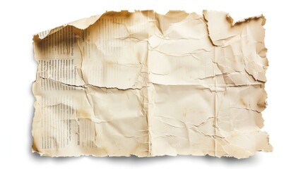 Aged, tattered newspaper pages with creases and stains, isolated on white background.