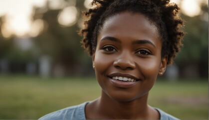 black african woman smiling looking at camera portrait with outdoor morning background from Generative AI