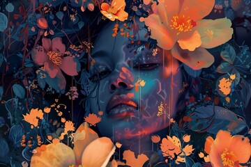 Surreal portrait of a woman overlaid with vibrant orange flowers