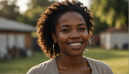 black african woman smiling looking at camera portrait with outdoor morning background from Generative AI