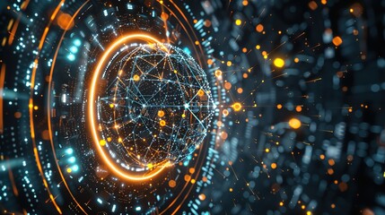 High tech server visualization, displaying particle data streams, circular computing interfaces, and virtual reality environments
