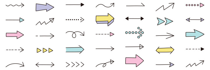 シンプルな矢印アイコンセット。ベクター、イラスト、手書き、線、上下、左右
