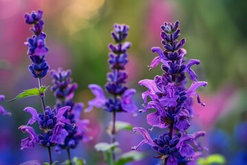 Salvia Splendens. Deep purple salvia flowers with a soft colorful background