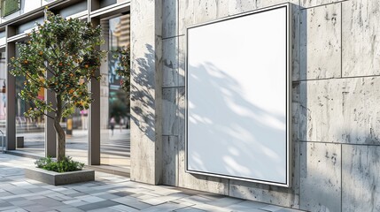 Blank billboard on the wall of a modern building.