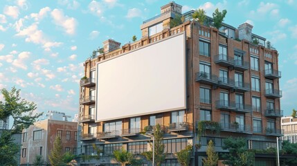 Blank billboard on the brick wall of a building in the city.