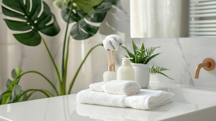 Cosmetic products and cotton towels Cotton wool with green plants on white table inside ceramic...