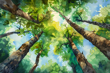 Watercolor painting pastel color steps of thick trees as seen from below.