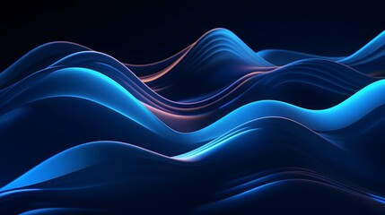 
3d render, abstract minimal neon background with glowing wavy line. Dark wall illuminated with led lamps. Blue futuristic wallpaper