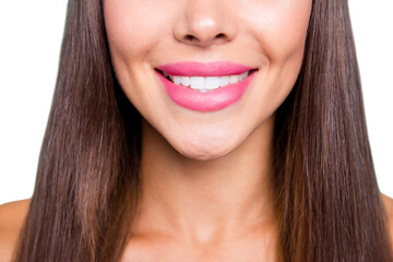 Close up photo portrait of beautiful nice good pretty attractive woman with toothy shinny perfect...