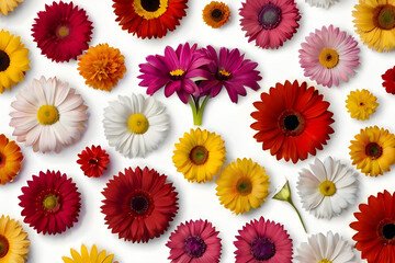 Top view of head shot flowers full depth of field on the photo. Big collection set of various colorful Flowers isolated on White Background.Studio shot perfectly retouched, Flat lay