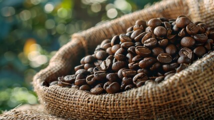 Fototapeta premium Close-up of roasted coffee beans tumbling from a burlap sack, showcasing texture and quality.